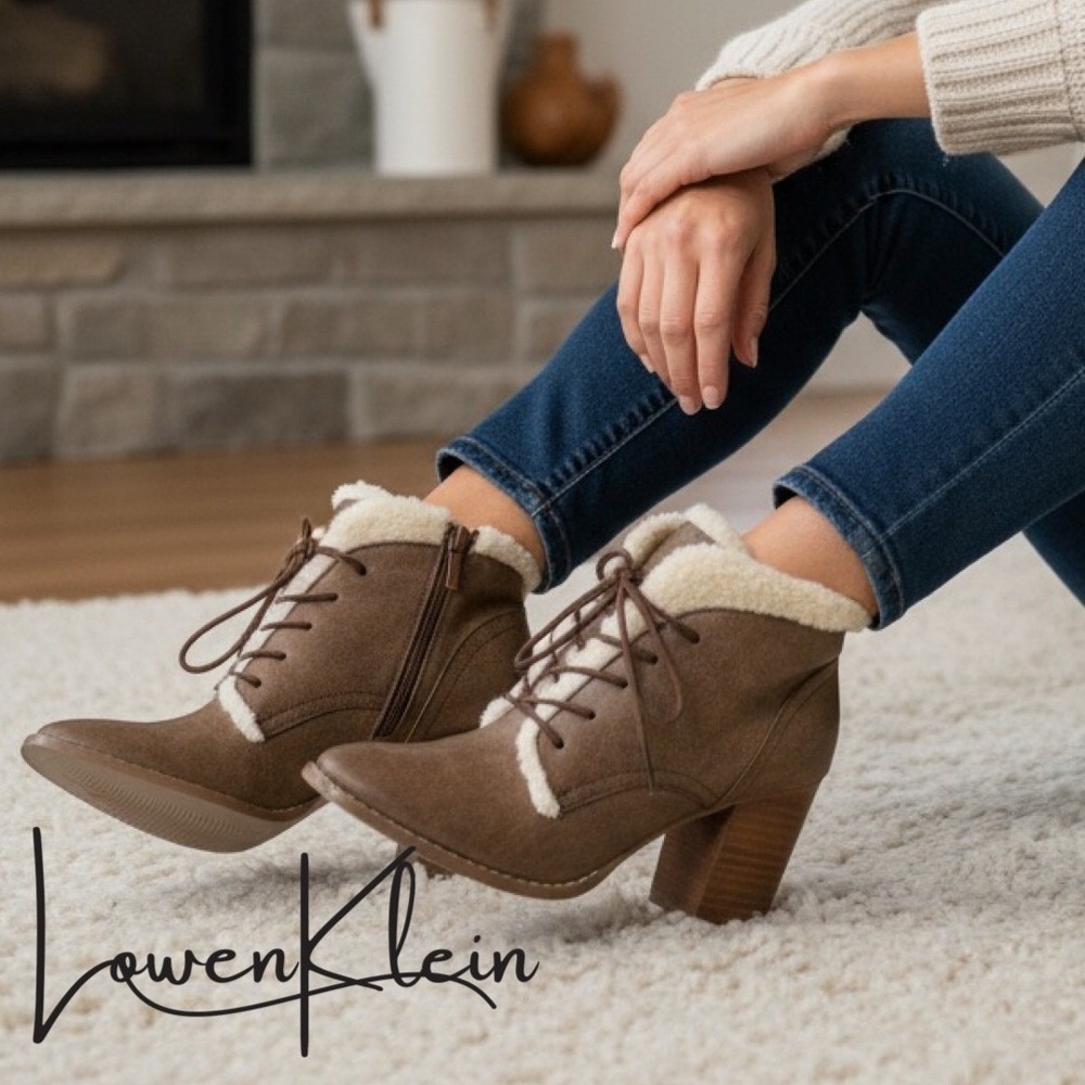 Restricted Women‎ Lace-Up Heeled Ankle Boots Sherpa Trim Brown Block Heel Size 6